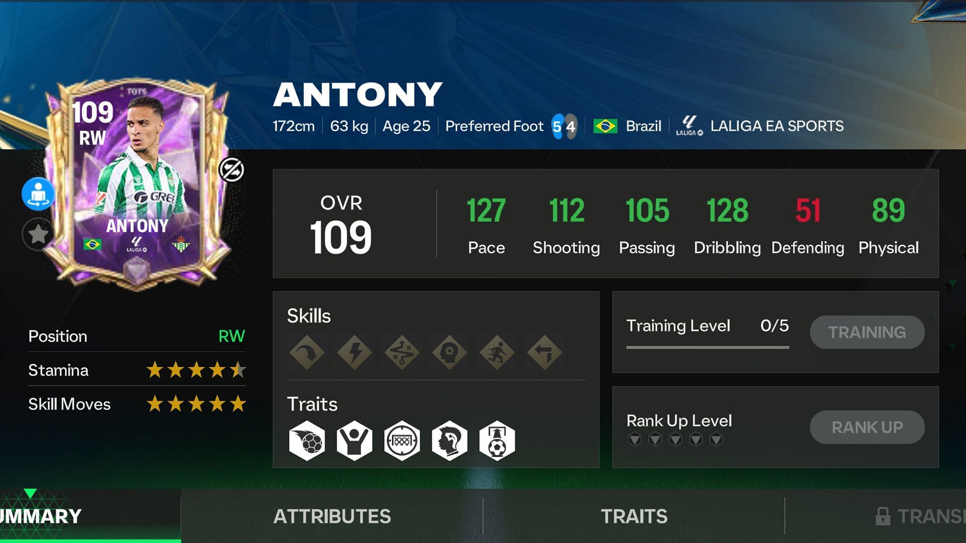 Snippet showing TOTS 25 Antony exchange card stats (Image via EA Sports)